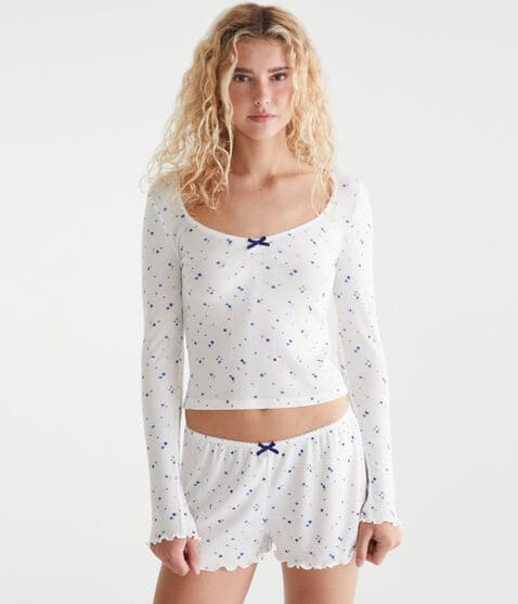 Long Sleeve Bows Cropped Scoop-Neck Sleep Tee