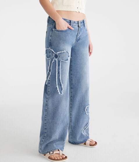 Low-Rise Baggy Wide Leg Frayed Bows Jean